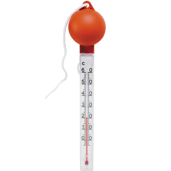 Badetermometer i plast med flydende orange bold.
l
