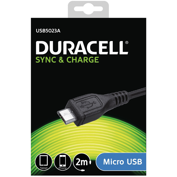 Duracell usb til micro usb kabel, 2 meter (sort)